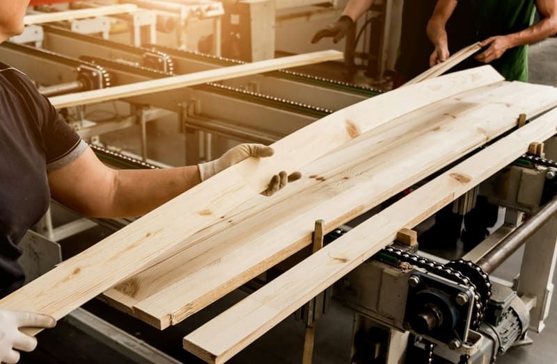 planed boards on a machine bed