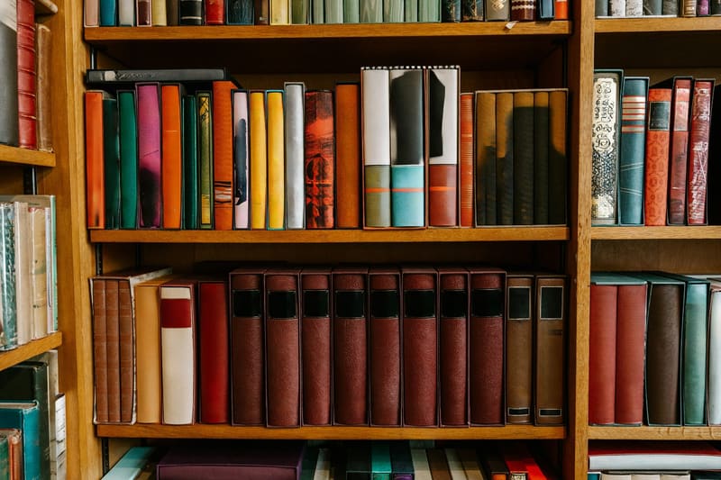 shelves of old bound books