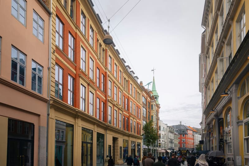 a shopping street of coloured facades