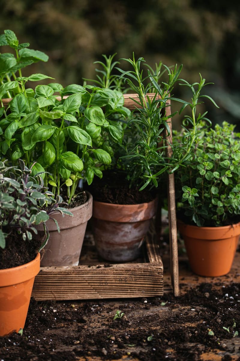 potted herbs in terracotta