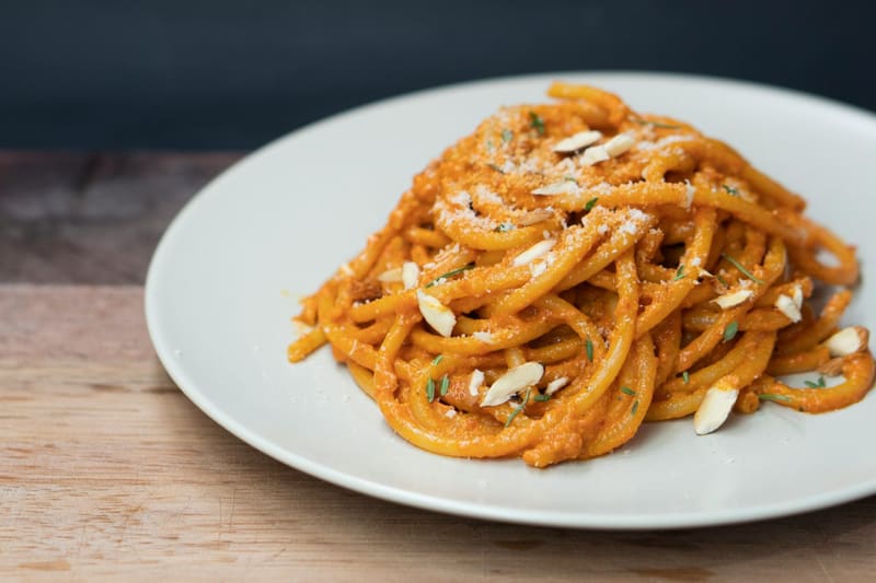 bucatini in tomato sauce with almonds