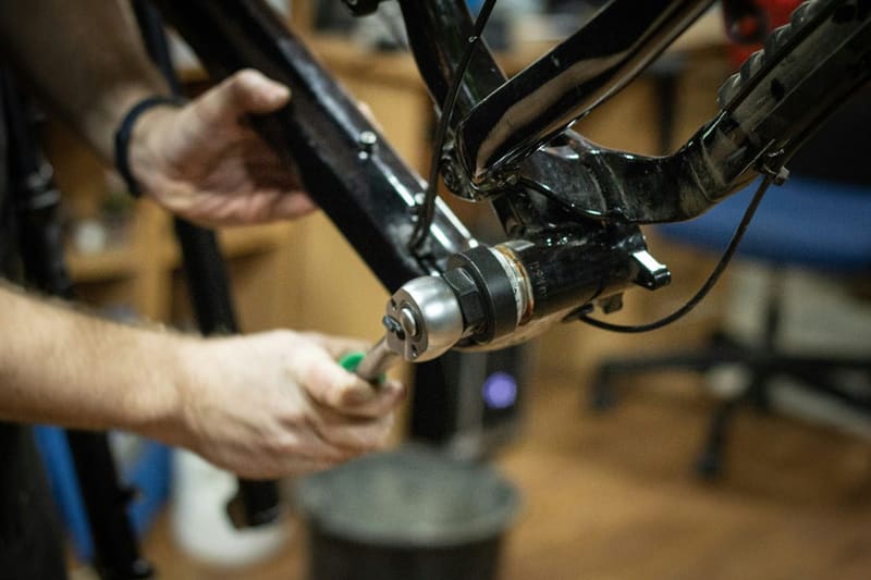 a bike frame in a repair stand