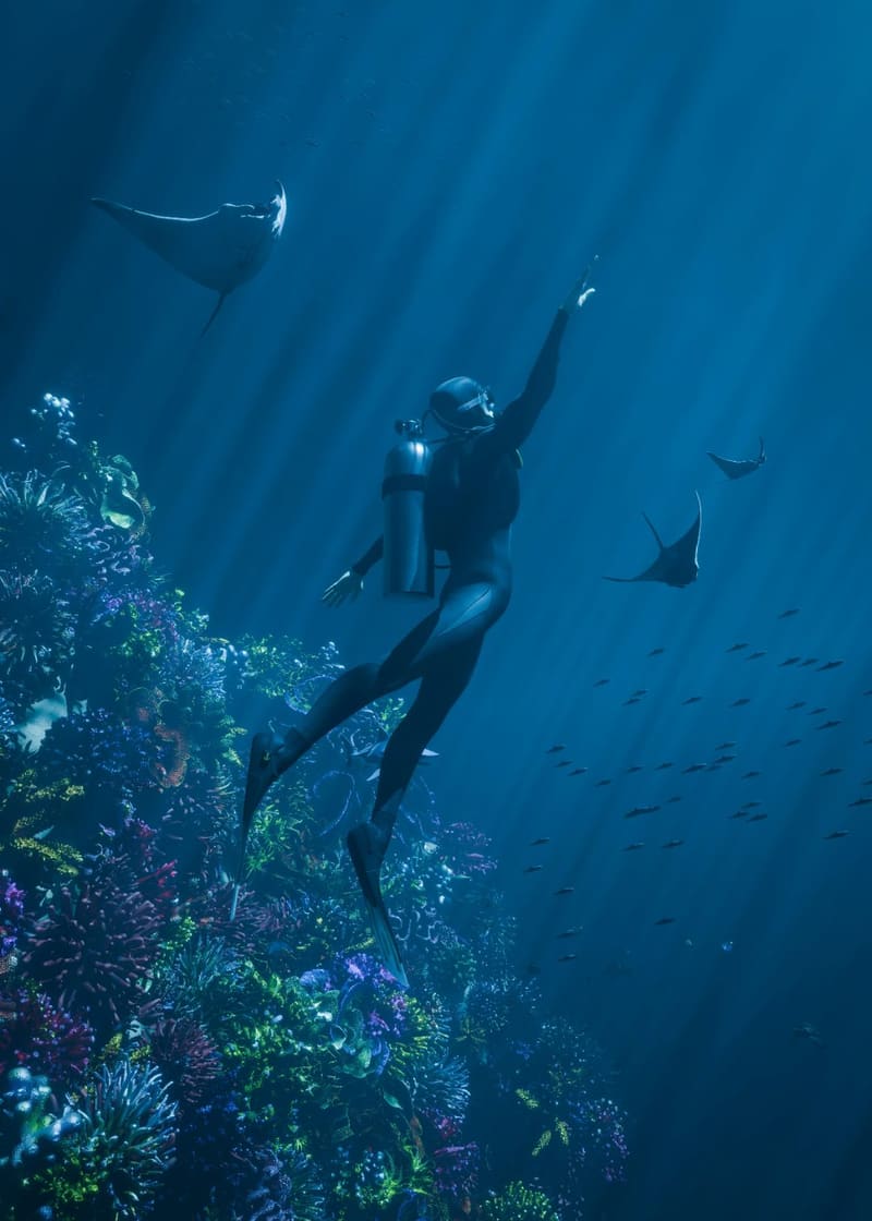 a diver and manta rays