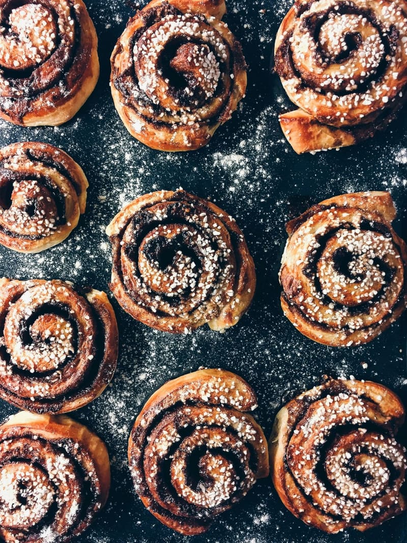 a tray of cinnamon swirls