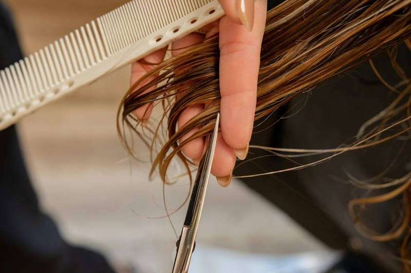 a comb and scissors cutting wet hair