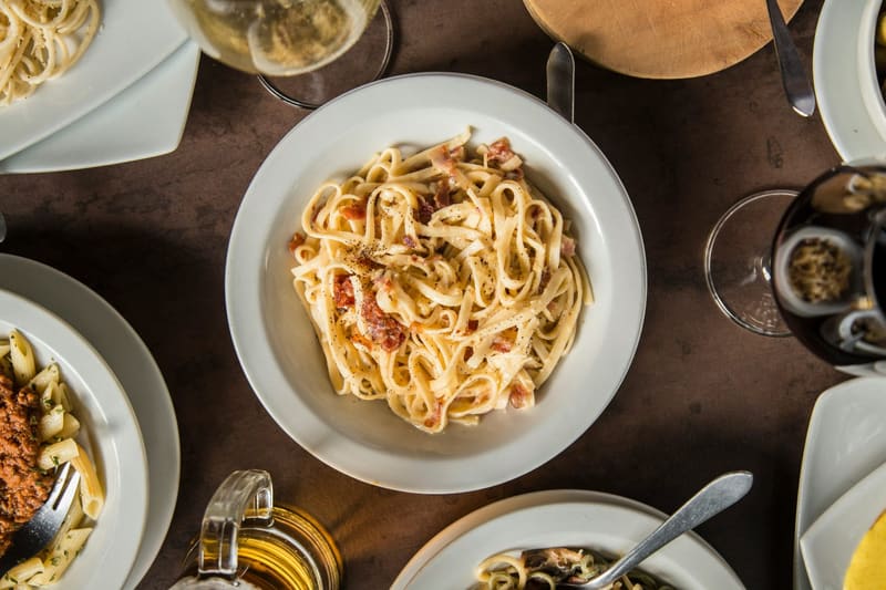 a plate of carbonara from above