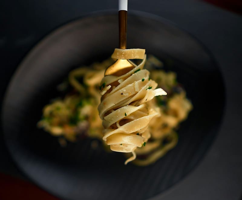 tagliatelle twirled on a fork