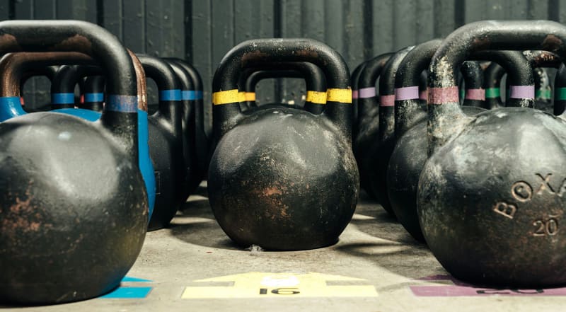 a row of kettlebells